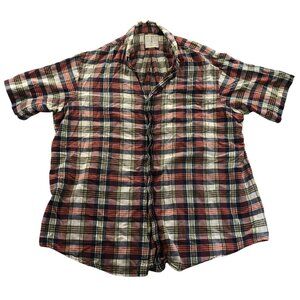 Vintage Lands End Mens Madras Shirt Size XL Red Plaid Short Sleeve Western